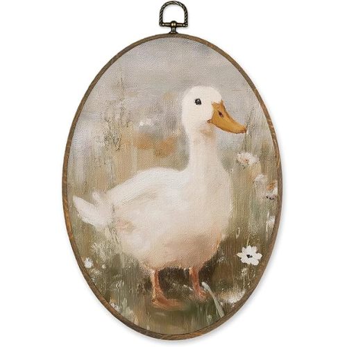 LKETW Vintage Farmhouse Duck Oval Wall Art Decor, Cottagecore Duck Wildflower Oval Canvas Hanging Decor, Rustic Farm Animal Wall Decorations for Home Bedroom Living Room, 8.6x11.4 Inch