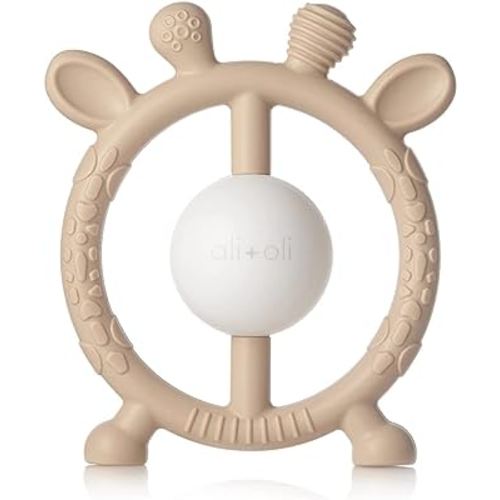 Ali+Oli Baby Teether & Rattle (Taupe Giraffe) Baby Teething Relief, Silicone Teethers for Babies 3+ Months, Baby Teething Toys w/Multi-Textured Surface, BPA Free & Freezable Teethers for Babies
