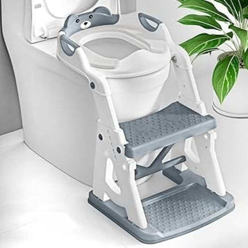 Potty Training Seat, 2 in 1 Potty Training Toilet with Step Stool for Boys Girls, Toddler Toilet Seat with Stabilizer Bar, Anti-Slip Pads and Splash Guard, Grey