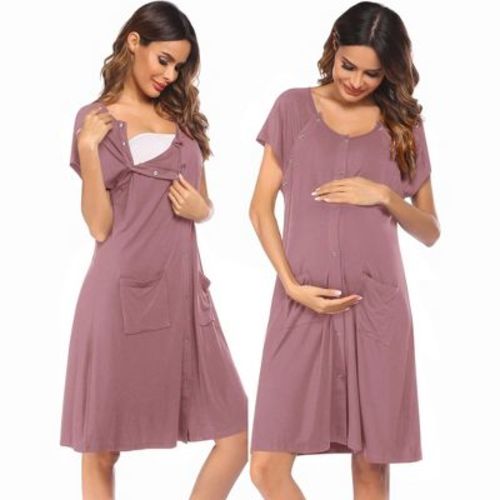 Ekouaer 3 in 1 Labor/Delivery/Hospital Gown Nursing Dress Maternity Nightgown Sleepwear for Breastfeeding with Button Gray Purple L