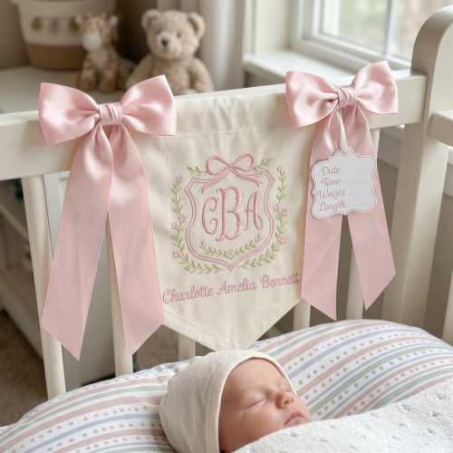 Custom Baby Banner, Bows Baby Banner, Welcome Banner with Floral Crest, Hospital Door Sign, Baby Shower Gift, Nursery,Newborn Gift,Baby Girl