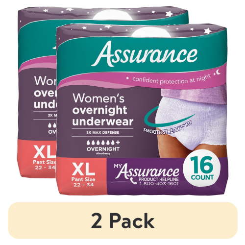 (2 pack) Assurance Women's Overnight Incontinence and Postpartum Underwear, XL, Ultimate Absorbency, 16 Count