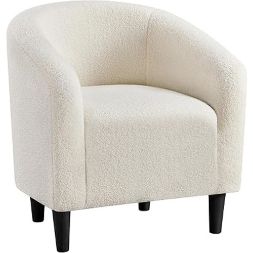 Yaheetech Accent Barrel Chair, Boucle Fabric Club Chair, Furry Sherpa Elegant Armchair with Cozy Soft Padded, Suitable for Living Room Bedroom Reception Room Office, Ivory