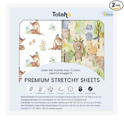 Premium Soft Bassinet Sheet for Boy Girl, Super Stretchy Jersey Knit Bassinet Fitted Sheet, Compatible with Halo, Maxi COSI, Mika Micky, SNOO, Baby Delight Mattress, Forest Bear & Cute Deer