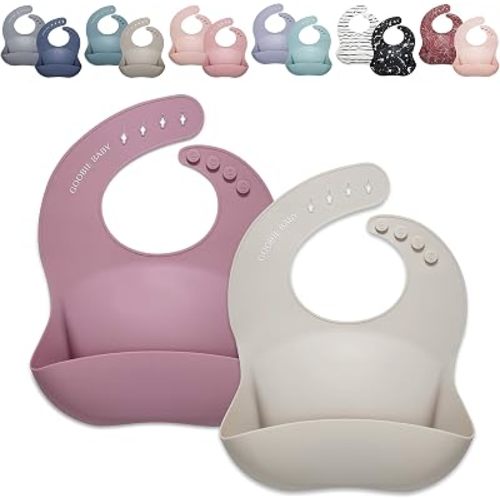 Goobie Baby Silicone Baby Bib with Food Catcher - Adjustable Waterproof Feeding Bib for Babies & Toddlers 4 to 36 Months for Girl and Boy - Modern, Soft, Easy to Clean (2 Pack - Sand/Mauve)