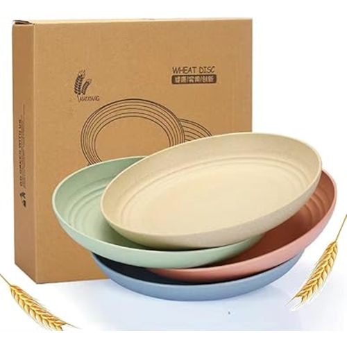Lchkrep Unbreakable Wheat Straw Plates 9 Inch, Reusable Lightweight Deep Plates Dinner Dishes Plastic Plates Microwave Safe Dinnerware for Adult, BPA-Free Cereal plates 4 Pcs