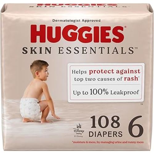 Huggies Size 6 Diapers, Skin Essentials Baby Diapers, Size 6 (35+ lbs), 108 Count (2 Packs of 54), Packaging May Vary