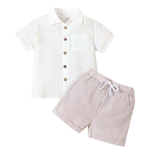 Hienoo Toddler Boys Cotton Linen Outfits Solid Short Sleeve Shirt Shorts Set, Sizes 2-3Y