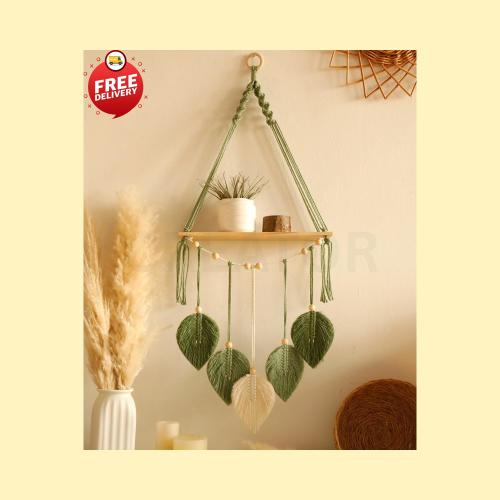 Woven Leaf Macrame Floating Shelf: Boho Wall Hanging Decor