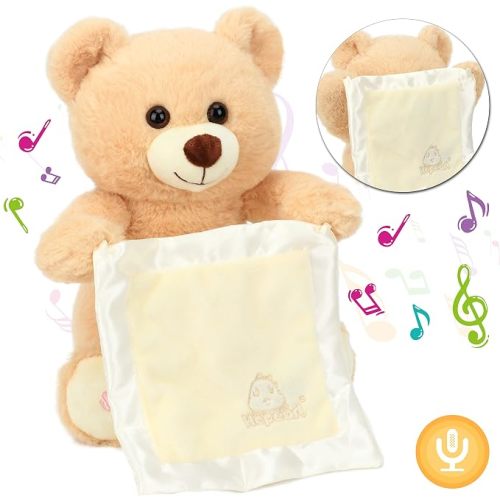 Hopearl Peek A Boo Bear with Security Blanket Interactive Repeats What You Say Plush Teddy Bear Toy Musical Singing Talking Stuffed Animal Adorable Electric Animate Birthday Festival, Beige, 11''