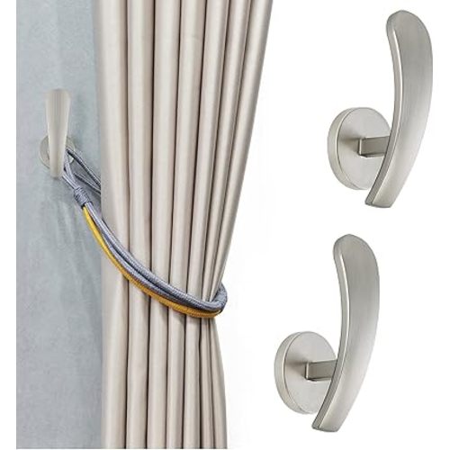Curtain Holdback, 2pcs Wall Mounted Drapery Tiebacks with Screws, Decorative Drapery Metal Hook Wall Hanger, Silver