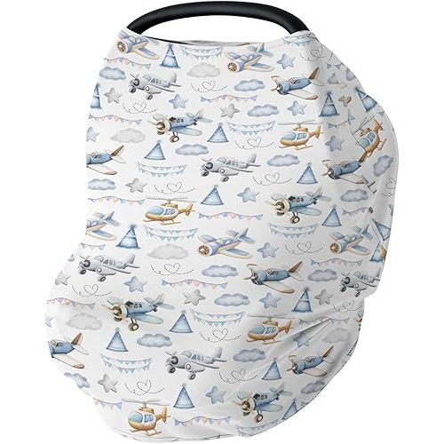 Airplanes Helicopters Watercolor Baby Car Seats Covers Stretchy 5-in-1 Cover Adjustable Infant Carseat Canopy Cover Breathable Nursing Cover-Up White One Size