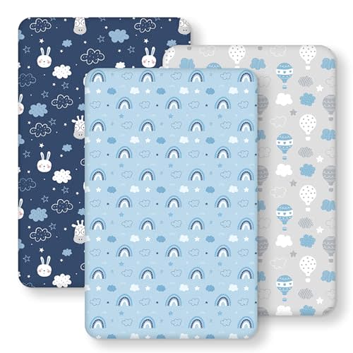 Baby Bedside Bassinet Sheets Fitted, 33”x20” Compatible with Baby Delight Dream On Me & Most Rectangle Bedside Sleeper Bassinet Mattresses, Super Soft Microfiber Blue Cloud Animal