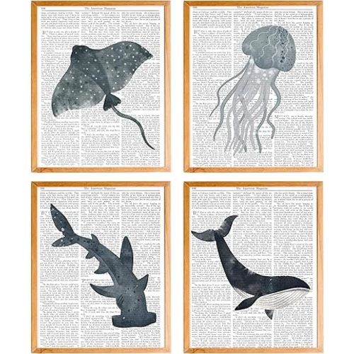 BearCake Vintage Ocean Animal Wall Art Set of 4, Ocean Room Decor, Beach Room Decor, Sea Jellyfish Whale Shark Ray Wall Decor Poster Prints for Nautical Coastal Home Bathroom, 8x10 Inches