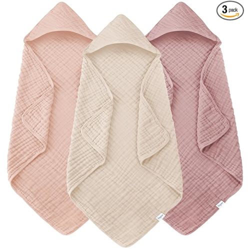 Toallas de baño de muselina con capucha para bebé, paquete de 3 toallas 100% algodón ultrasuaves para recién nacidos, bebés, niños pequeños, 32 x 32 pulgadas, altamente absorbentes