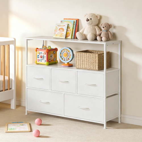 5-Drawer C Storage Dresser, Household Cabinet for Entry Way, Living room, Stable Metal Frame, Wooden Top, White