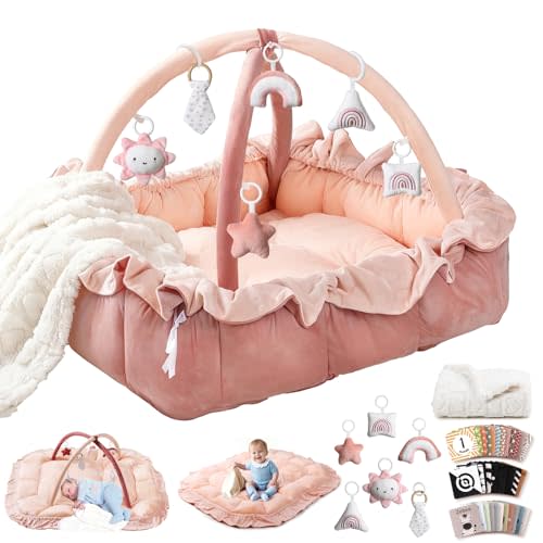 5-in-1 Plush Baby Play Gym, Baby Play Mats, Convertible Baby Gym with Blanket and 6 Toys, Tummy time mat, Baby Activity Center from Newborn to Toddler, Baby Gym, Ball Pit, Baby Gifts, Ped Bed, Pink