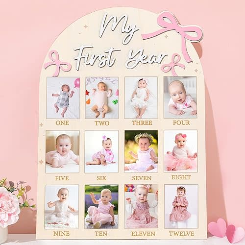 Pink Bow First Year Photo Board Coquette Bow Birthday Party Decorations Wooden Board 12 Monthly Milestone Picture Frame One Year Old 1st Birthday Banner for Baby Girls Keepsake Gift (Fit 2x2.8in Pic)