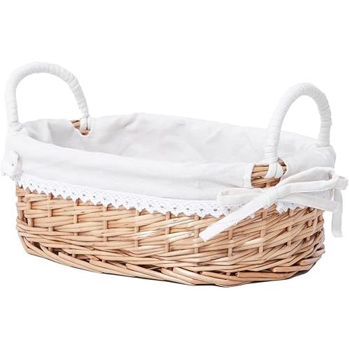 Wicker Bread Basket with Removable White Liner，Serving Bread Basket For Kitchen Counter With Handle，12.6X8.4X3.94 Inches.
