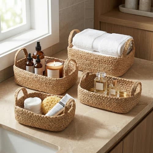 Beautiful Storage Basket Set of 4 - Natural Jute Rope Bins for Shelves | Quality Woven Gift Baskets w/ Handles - Perfect for Organizing Your Bathroom, Nursery, Closet or Bedroom Decor