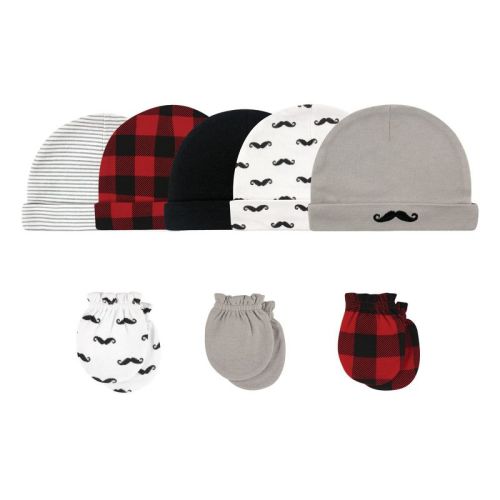 Hudson Baby Infant Boys Cotton Cap and Scratch Mitten 8pc Set, Mustache, 0-6 Months