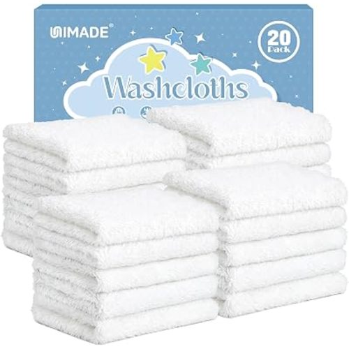 UNIMADE Baby Washcloths, 20 Pack Microfiber Coral Fleece Wash Cloths, Extra Absorbent Baby Towels for Newborns, Infants and Toddlers, Gentle on Sensitive Skin for Face and Body - 7" × 9", White