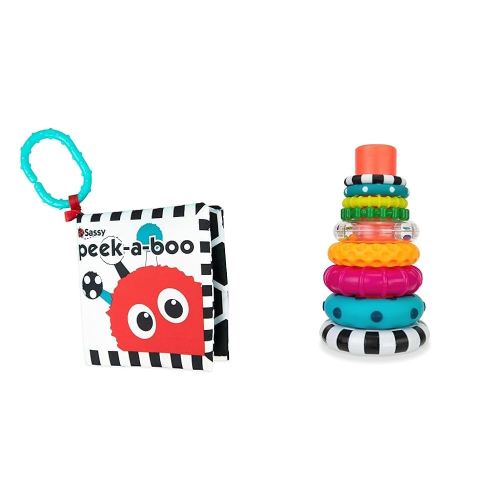 Sassy Peek-a-Boo Activity Book with Attachable Link for On-The-Go Travel | Black & White & Stacks of Circles Stacking Ring STEM Learning Toy, Age 6+ Months, Multi, 9 Piece Set