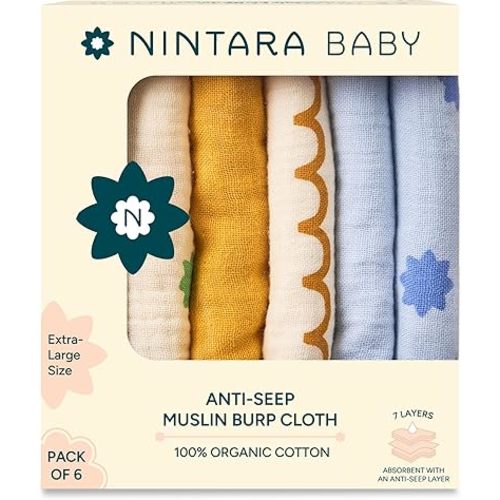 Anti-seep Burp Cloths - 100% Organic Premium Muslin Cotton, Extra-Large, 22" x 12", 7-Layer Absorbent & Waterproof, Reversible, Soft & Hypoallergenic, Gifts for Newborns, Pack of 6