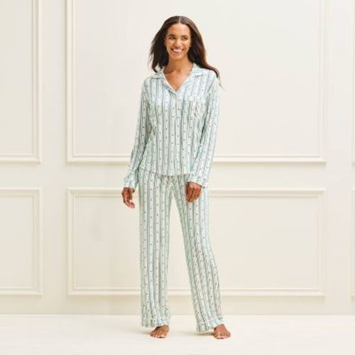 Women's Cloud Knit Modal Long Sleeve Notch Collar Top and Pants Pajama Set - Auden™ Green Holly Striped L