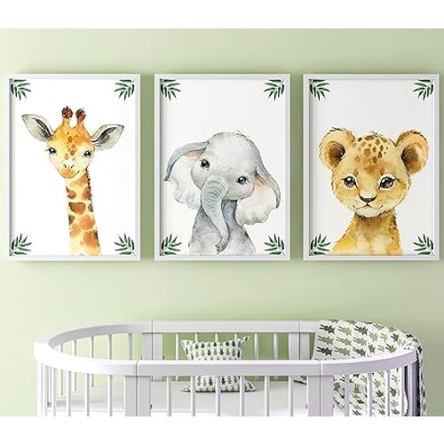 Baby Safari Animals for Girl or Boy Nursery Bedroom, Set of 3 Unframed Wall Art Prints, Jungle Leaves Posters, Nursery Decor Gift, Giraffe Elephant Lion (8x10)