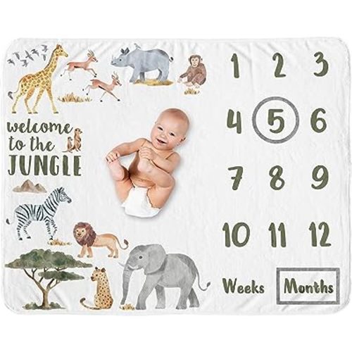 Sweet Jojo Designs Jungle Animals Milestone Blanket Monthly Newborn First Year Growth Mat Baby Shower Memory Hunter Green Yellow Grey Black White Wildlife Safari Elephant Giraffe Lion Monkey Leopard