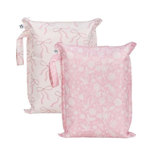 Tiny Twinkle Mess Proof Wet Bags | 2-Pack Reusable Waterproof Wet Bags for Swimsuits | Baby Clothes | Travel & Diaper Bag (Bows,Toile)