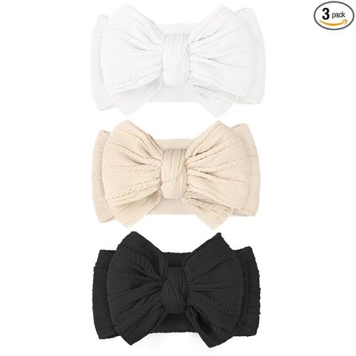 JOYOYO 3 Pcs Soft Wide Turban Baby Headbands with Double-Layer Bow for Baby Girls, Newborns, Toddlers(White, Beige, Black)