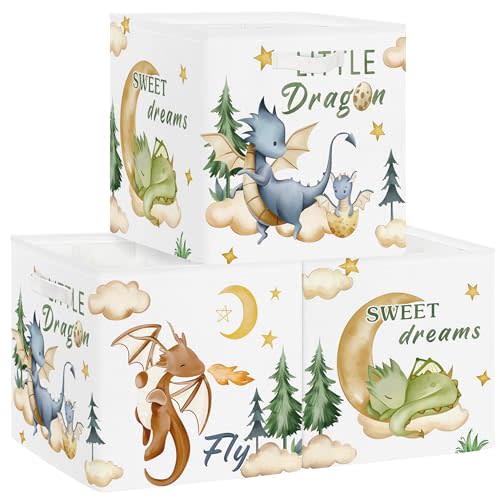 Clastyle 3 pcs Dinosaur Cube Storage Unit Boxes Volcano Kallax Box for Shelves Parents Storage Baskets for Book Clothes Toy Organizer, Dragon, 11.8x11.8x11.8 in