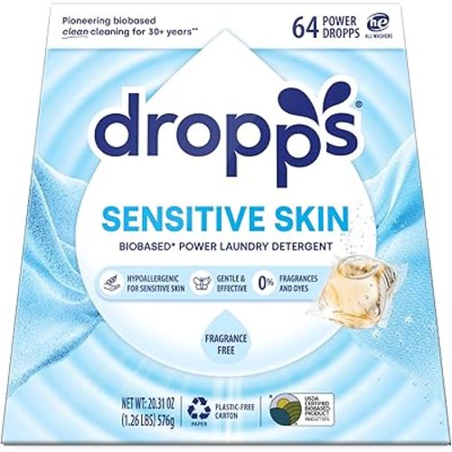 Dropps Sensitive Skin Laundry Detergent Pods, Unscented (64 Count) - Dermatologist Tested Laundry Pods - HE Compatible Laundry Supplies for Clean Clothes, Vegan & Dye-Free