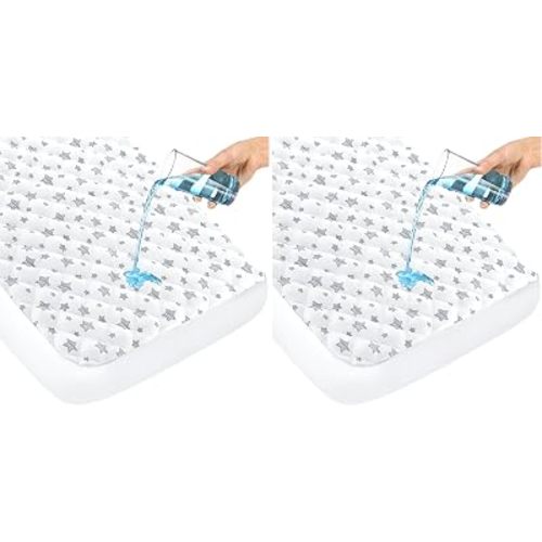 Crib Mattress Protector Waterproof, Quilted Crib Mattress Pad Cover 52" x 28" Extra Soft Breathable Toddler Bed Cover Stretch Up to 8", White Star (Pack of 2)