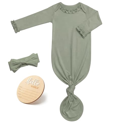 Newborn Knotted Gown for Baby Girls with Ruffle Neck & Sleeves, Newborn Sleepers Outfit with Bow Headband & Announcement Sign
