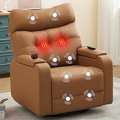 Power Swivel Rocker Recliner with Massage & Heat,Electric Swivel Recliners with Type-C Port & Timing,Rocking Glider Recliner with Dual Storage Arms & One Remote Control for Living Room,Brown