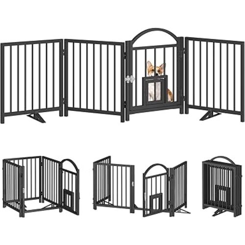 HOOBRO 4 Panel Freestanding Dog Gate with Door, Full Metal Foldable Dog Fence, Pet Gate with 2 Metal Support Feet, 27.2” Height, for Doorways, Stairs, Kitchen, Living Room, Halls, Black BK76PP03