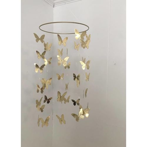 Elegant Hanging Butterfly Mobile with Crystals – Gold Ring Decorative Ceiling Art for Nursery or Room Decor (10 inches)