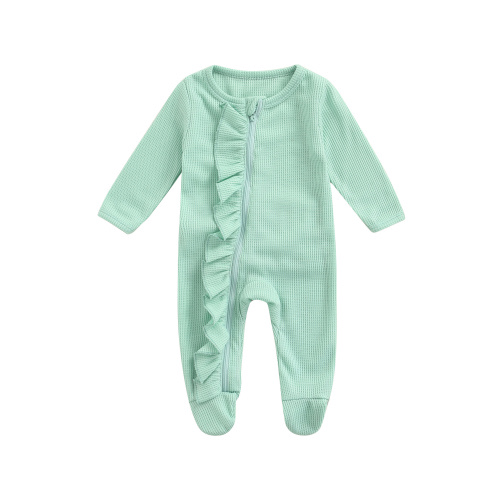 wybzd 0-6 Months Newborn Baby Girl Footie Waffle Knit Romper Zippers Ruffle Onesie Fall Winter Clothes