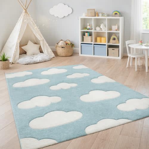 Paco Home Modern Kids Rug with Clouds in Blue Pastel for Nursery, Size: 2'8" x 4'11"