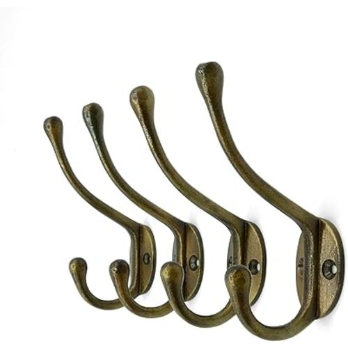 CRAFTSMAN ROAD Vintage Cast Iron Wall Hooks (Antique Brass Finish, Set of 4) - Rustic, Farmhouse Coat Hooks | Coats, Bags, Towels, Hats | Classic Slender