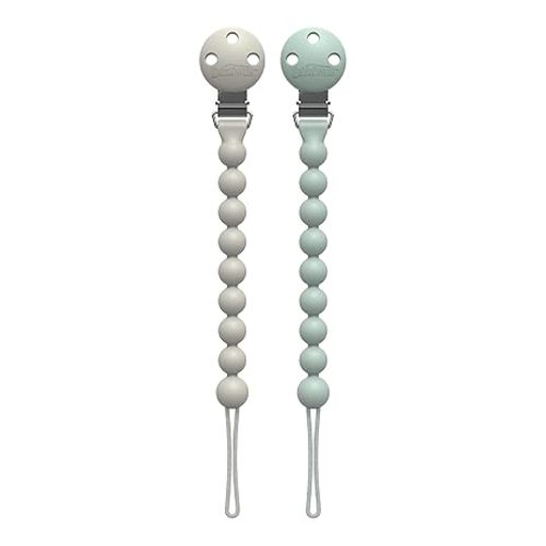 Dr. Brown's Silicone Pacifier Clips, Universal Fit Strap for Pacifiers, Green/Gray, BPA Free, 0-18 Months, 2-Pack