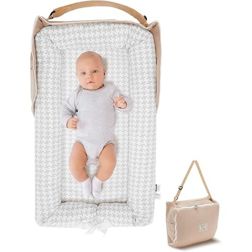 Baby Lounger for Newborn, Portable Breathable Baby Nest Infant Lounger Adjustable U-Shaped Safety Bumper for Cozy Comfort - Grey Houndstooth