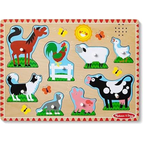 Melissa & Doug Farm Animals Sound Puzzle – 8-Piece Wooden Peg Puzzle with Light-Activated Sounds, Music Learning Toy for Toddlers and Preschoolers Ages 2+