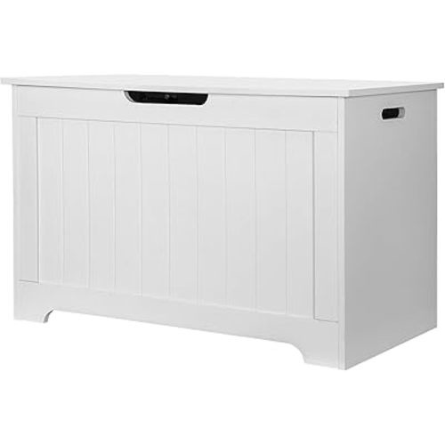 30 inches Kids Wooden Toy Chest Storage Space with 2 Safety Hinge Modern Decorative Toys Bench Box for Playroom Bedroom Living Room (White)