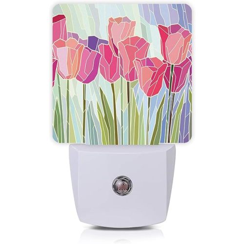 Pink Tulip Flowers Night Light Plug-in LED Nightlights Auto Sensor Night Lamp Dusk-to-Dawn Lamp Home Decor for Nursery Children Girls Boys