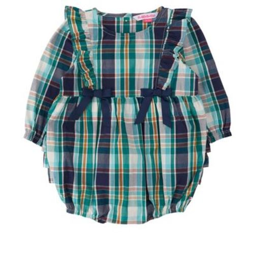 RuffleButts Baby Girls Woven Long Sleeve Waterfall Bow Bubble Romper - Forrest Plaid, 0-3m