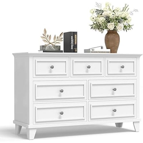 GarveeHome White Dresser for Bedroom, 7 Drawer Dresser, Wooden Chest of Drawers with Deep Drawers, 47 in Long Dressers TV Stand, Modern Dressers Organizer with Vintage Handle for Living Room, Hallway